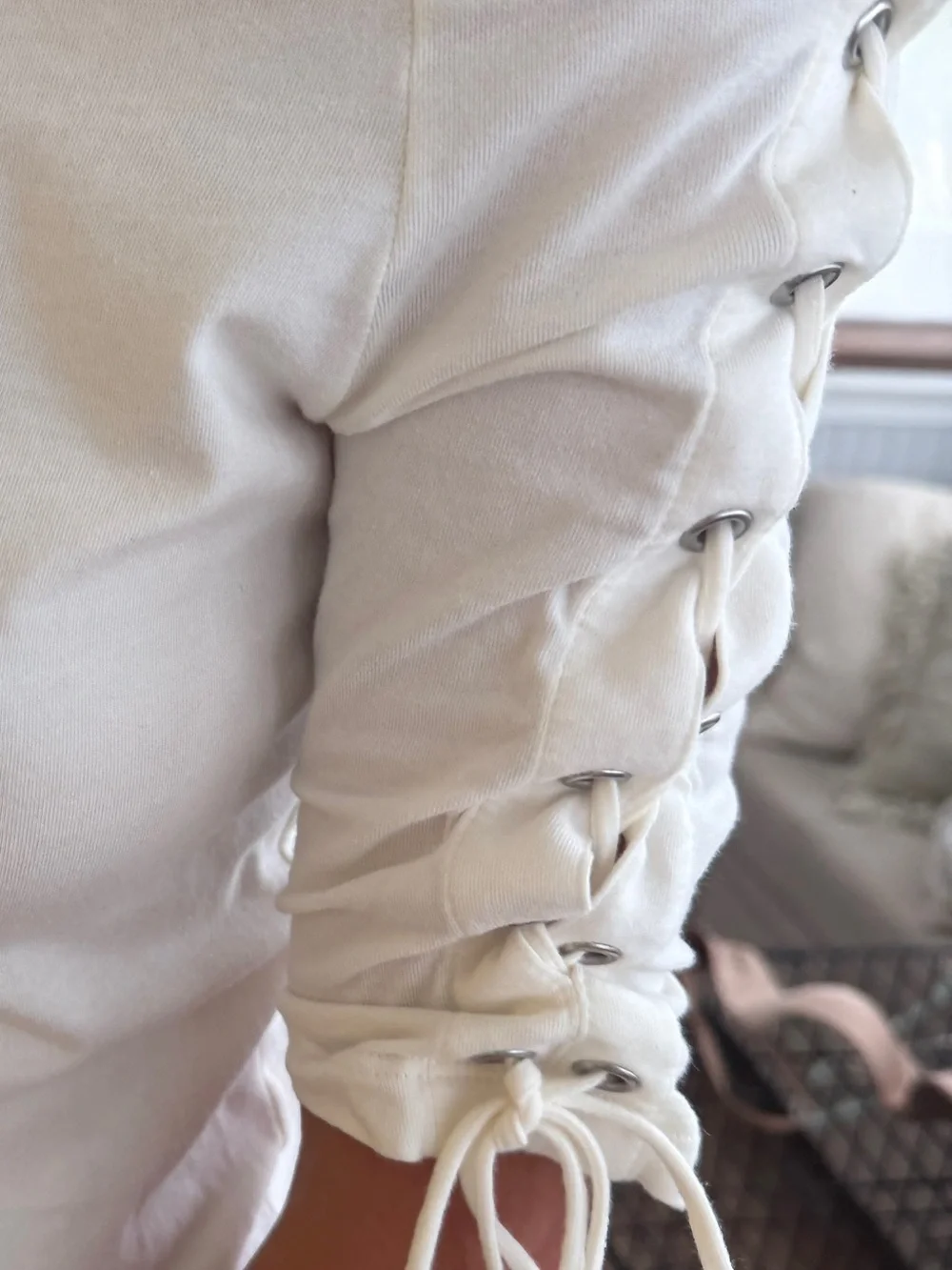 H&M White Off-Shoulder Lace-Up Sleeve Top